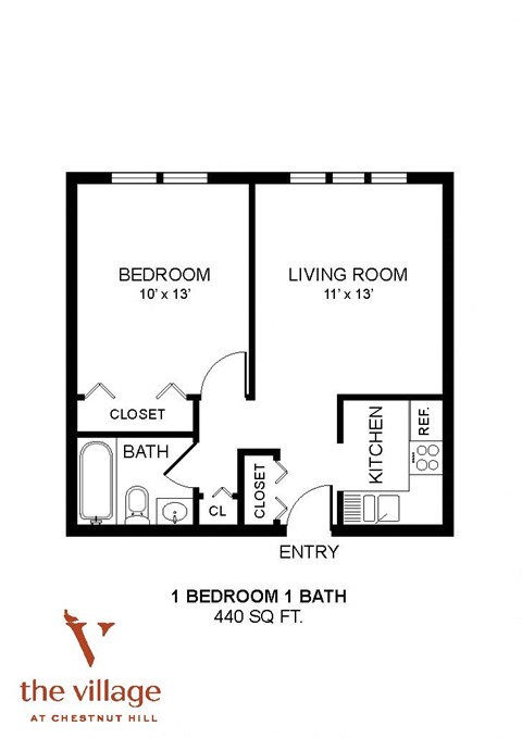 1 Bedroom 1 Bath Floor Plan at Chestnut Hill Village, Pennsylvania
